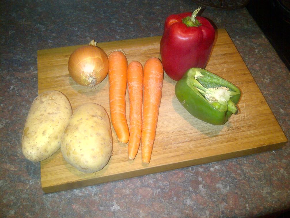 You'll also need 3 carrots, 2 potatoes, 1 brown onion, a red bell pepper and half a green one